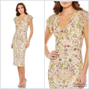 NWT Mac‎ Duggal 5722 Beaded Floral Sheath Dress Cream Multi $498